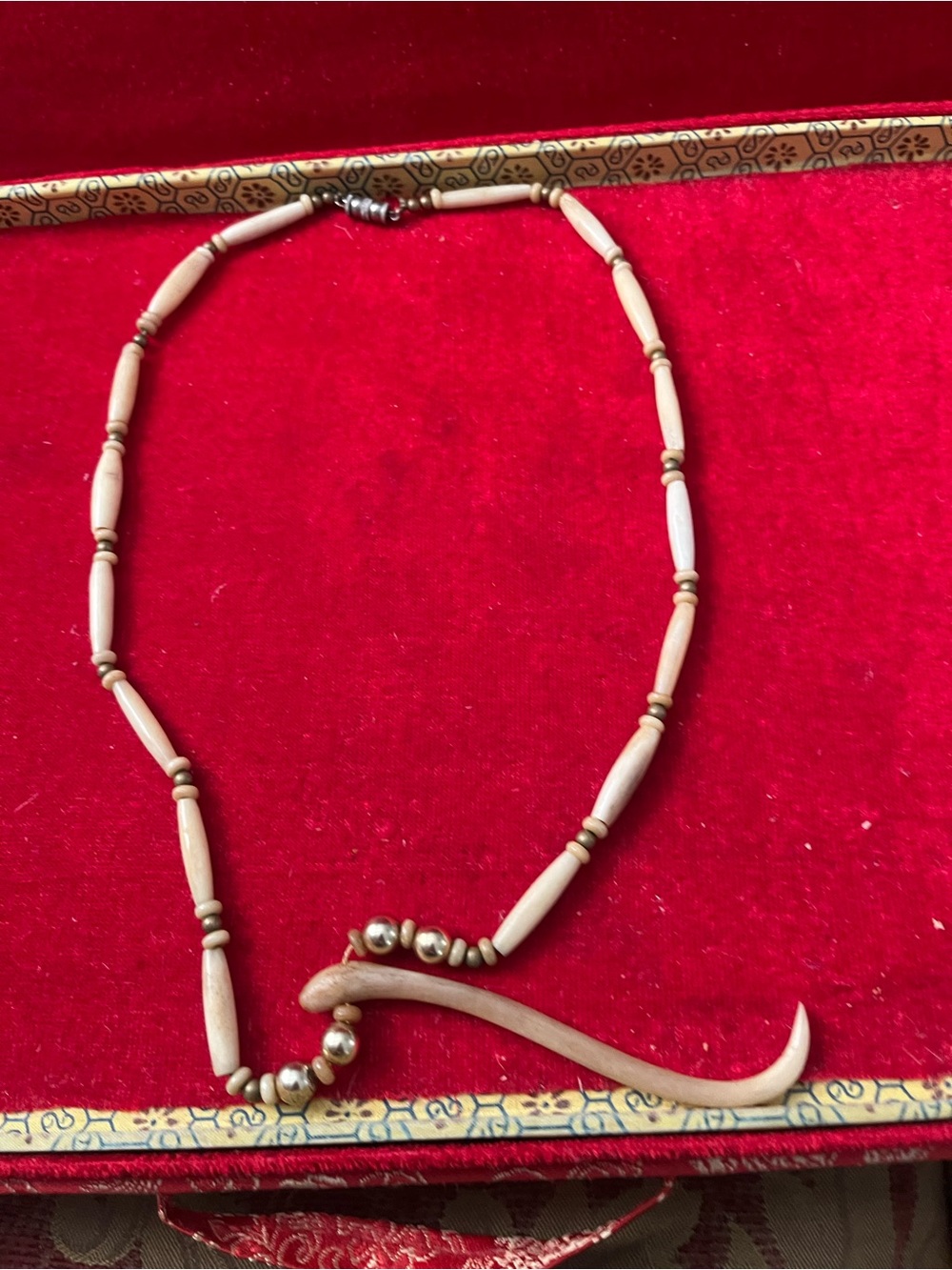 Handcrafted Tan Bone Bead Necklace with Curved Pendant